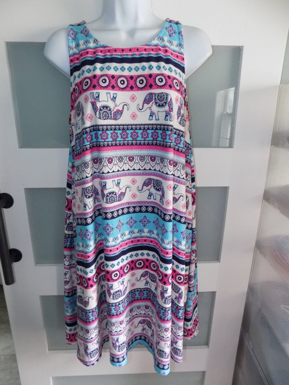 Bobbie Brooks Swing Dress Multi Color Elephant Print Keyhole Back Size L Women's